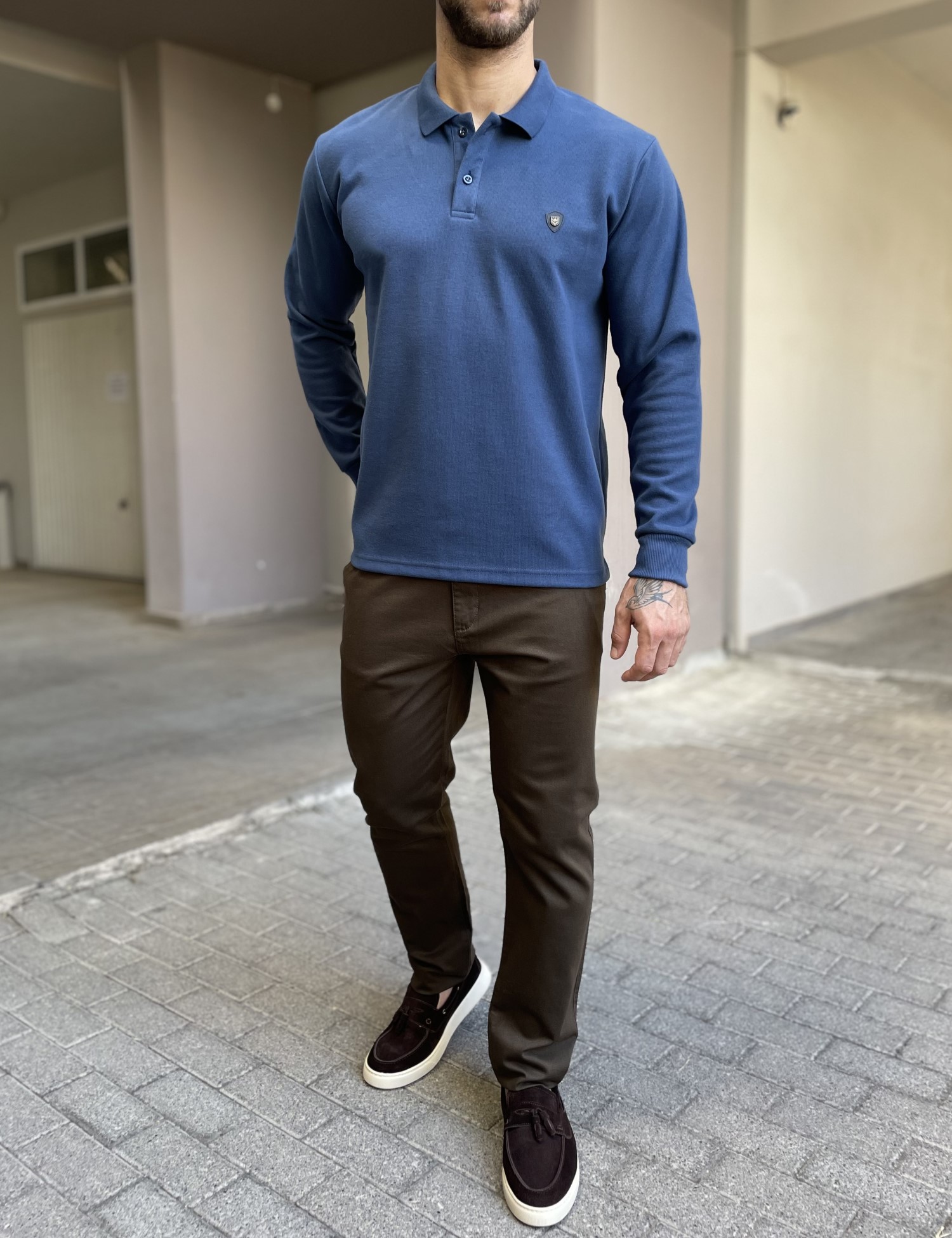 Everbest Ανδρική μπλε Indigo Polo μακρυμάνικη μπλούζα Plus size 261032I φωτογραφία